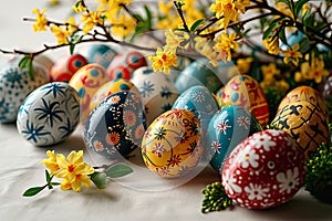 Easter celebration table decoration on a white festive tablecloth.