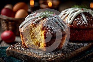 Easter Celebration with Traditional Kulich Bread and Painted Eggs Generative AI