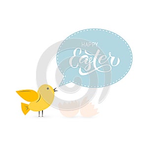 Easter celebration typography poster with cute chicken hatched from an egg and lettering Happy Easter. Spring holidays. Easy to