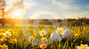 Easter celebration vibrant spring scene with lush green grass on white or yellow background