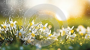 Easter celebration vibrant spring scene with lush green grass on white or yellow background