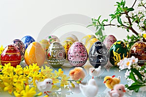 An Easter centrepiece made from handmade Easter eggs in folk patterns.