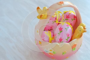 Easter ceramic basket with decorative pink eggs