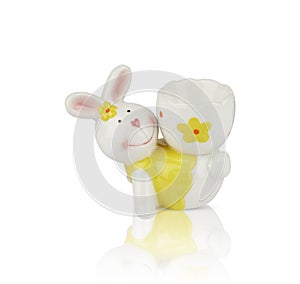 Easter ceramic bunnies with eggs rabbit decorative vase isolated white background with clipping path
