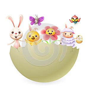 Easter characters bunny chicken flower lamb butterfly bird in big hatched egg