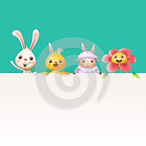 Easter characters bunny chicken sheep and flower on top of billboard - isolated on turqouise background photo