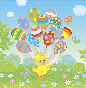 Easter Chick with colorful balloons