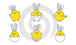 Easter chick with ears bunny, chicken egg cute rabbit doodle, cartoon yellow character line vector icon, Easter egg hunt. Animal
