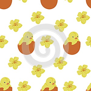 Easter chick in eggshell seamless pattern