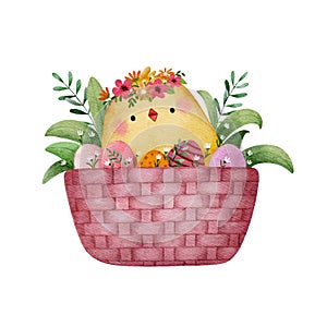Easter chick with flower wreath in wicker basket with colored eggs and flowers