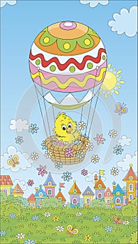 Easter Chick flying with a balloon