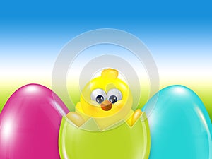 Easter chick hatched from egg over blue sky