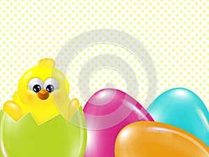 Easter chick hatched from egg over dots background