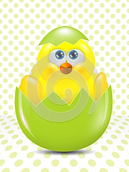 Easter chick hatched from egg over dots background