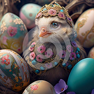 Easter chick with lace decorations and Easter eggs as a traditional holiday card background. Generative Ai