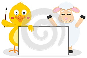 Easter Chick & Lamb with Blank Banner