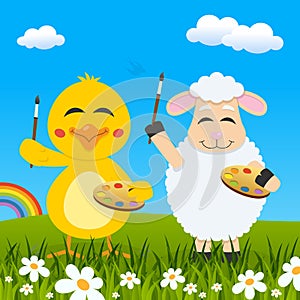 Easter Chick & Lamb Painters & Rainbow