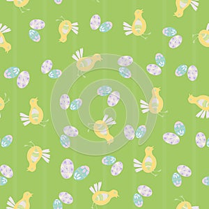 Easter chick seamless vector pattern background. Cute decorated folk art bird and eggs illustration. Scandinavian style