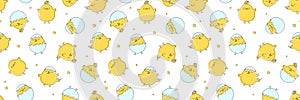 Easter chick vector seamless pattern, cute baby chicken with egg background, cartoon young bird print, happy yellow drawn