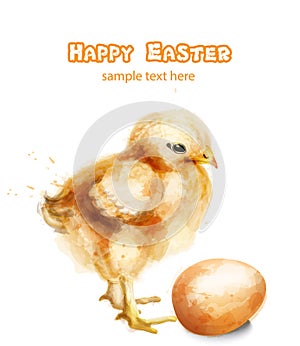 Easter chick Vector watercolor card. Happy Easter greetings with chicken and eggs