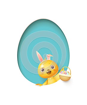 Easter chicken in egg shaped blue hole with a basket filled with decorated eggs - isolated on white