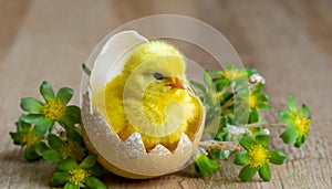 Easter chicken in a eggshell. Greeting card.