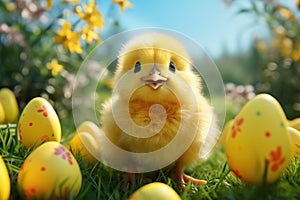 Easter chicken in green grass with painted eggs, sunny day, egg hunt, Happy Easter banner background