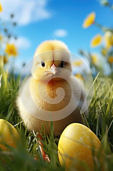 Easter chicken in green grass with painted eggs, sunny day, egg hunt, Happy Easter banner background