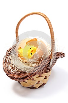 Easter chicken in wicker basket and broken eggshell