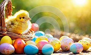 Easter chickens and eggs. Selective focus.