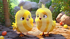 Easter chicks in the garden. 3D render. Easter concept