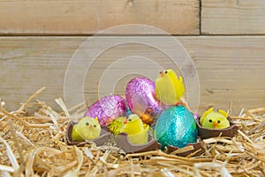 Easter chicks hatching from chocolate eggs