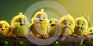 Easter Chicks in row on wood with place for text over natural background