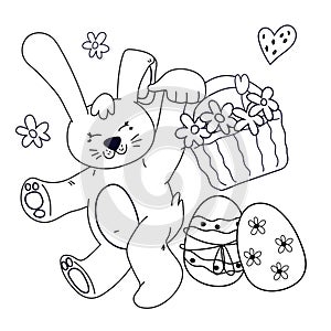 Easter children coloring book page with bunny and easter eggs vector isolated