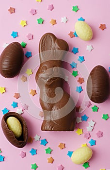 Easter chocolate bunny and eggs