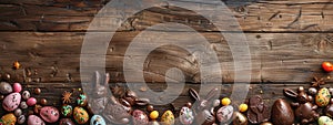 Easter chocolate and decorated eggs on wooden background