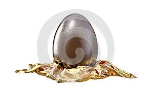 Easter chocolate egg resting on golden drape isolated on white