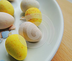 Easter chocolate eggs on white plate. Different colors.