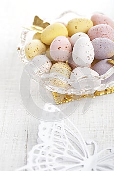 Easter chocolate speckled eggs in bowl