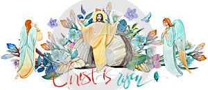 Easter christian illustration: cave, Risen Jesus Christ blesses, angels, flower wreath, lettering `Christ is Risen!` Easter reli photo