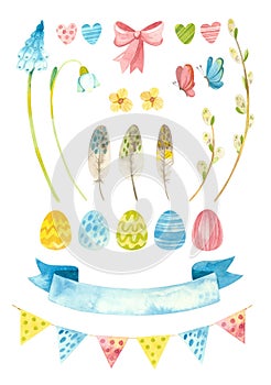 Easter clipart set. Baby spring party clipart with Easter eggs, pussy willow and flowers.