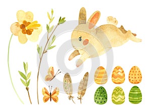 Easter clipart set with cute rabbit. Baby bunny, Easter eggs and feathers and spring flowers.