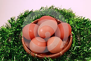 Easter Close-Up of Eggs in a Basket Green Vines on white background