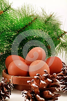 Easter Close-Up of Eggs in a Basket with Several Pinecones and green spruce on white background Vertical