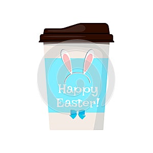 Easter coffee cup with bunny rabbit ears and bow icon isolated on white background.