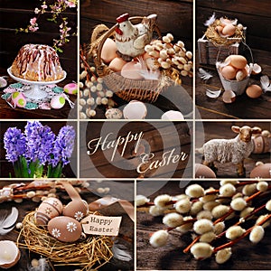 Easter collage with rustic decoration on wooden background