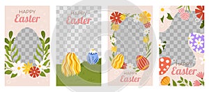 Easter collection of vertical social media template. Design with transparent frame for photo decorated with painted eggs