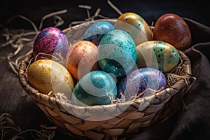 Easter colored eggs in a basket Generative AI