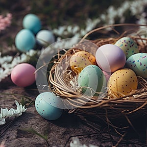 Easter colored eggs in a basket. Generative AI