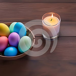Easter colored eggs with a burning candle on a wooden table